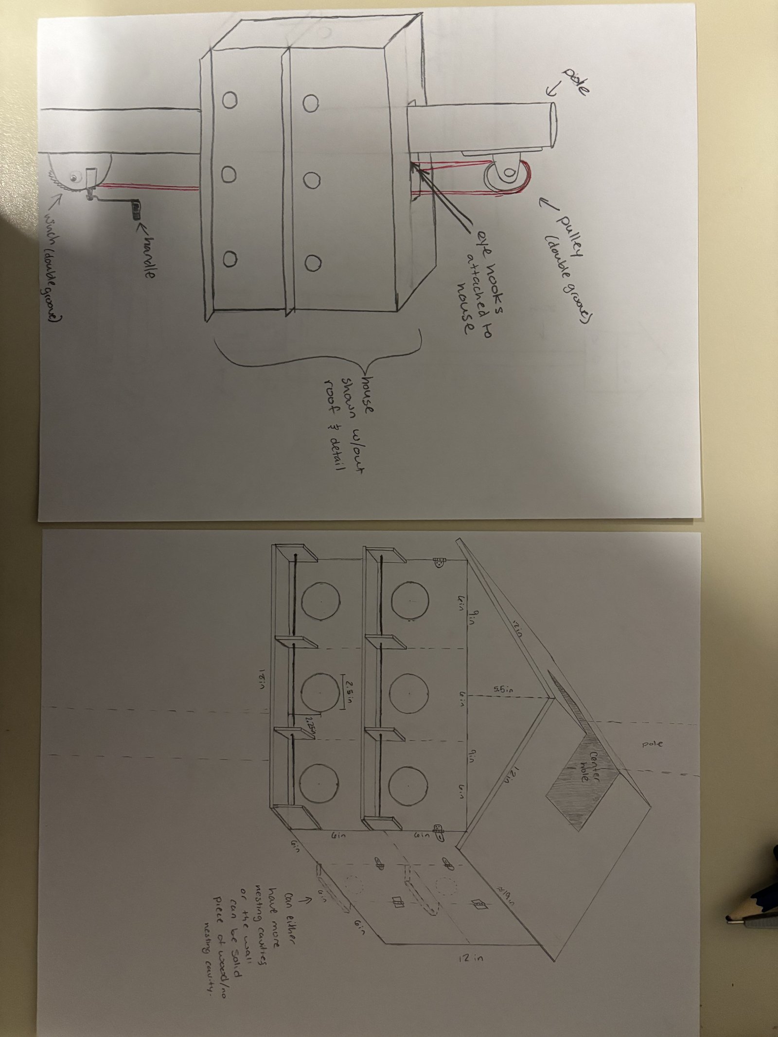 Hand-drawn engineering sketch of the purple martin birdhouse build for the Hunnicutt site